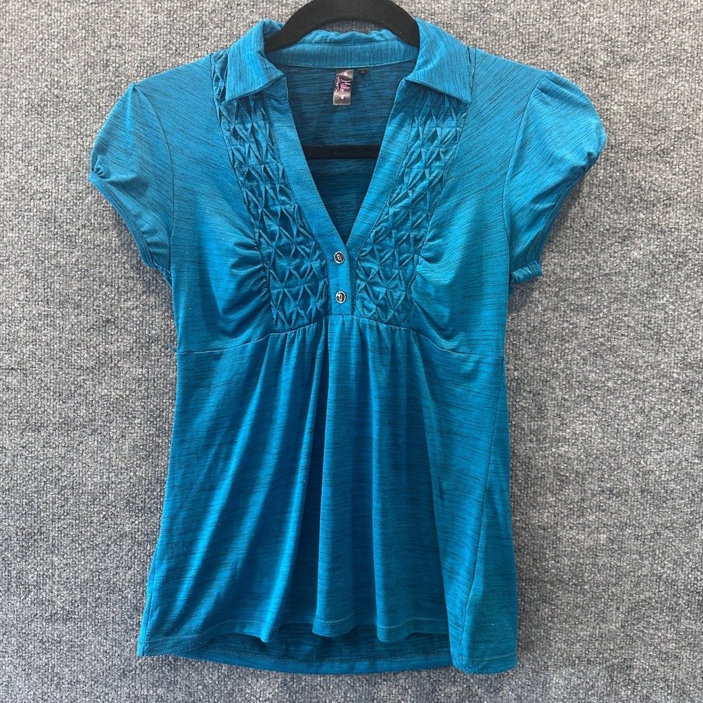 Halo Teal Babydoll Smocked V-Neck Puff Sleeve Blouse Sz L Y2K Peasant Boho Retro